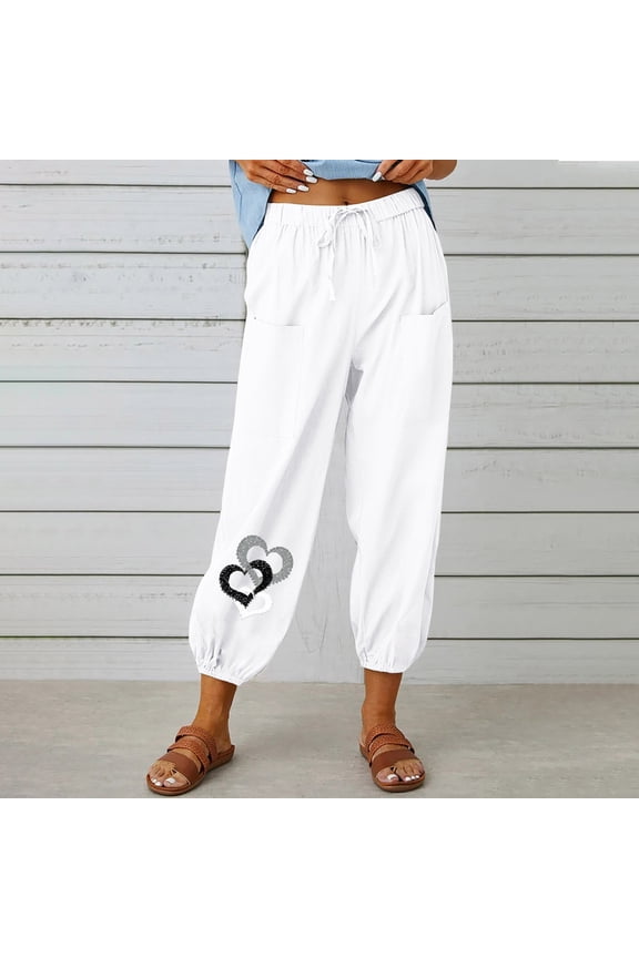 White Travel Pants Women Cotton Linen Cuffed Heart Print Drawstring Slacks Pants for Women Jeans Plus Size XL