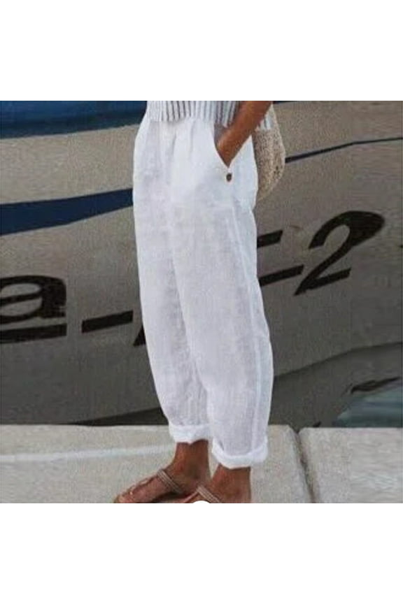 White Womens Pants Cotton Linen Slim-Leg High Rise Solid Slacks Sweatpants Women XL