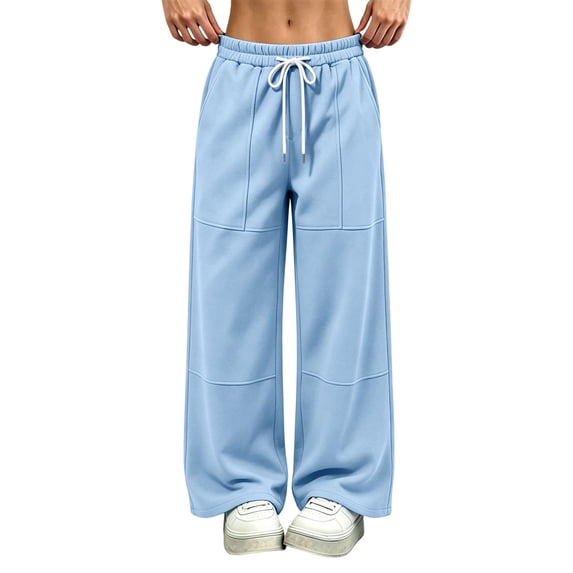 Ayolanni Wide Leg Sweatpants for Women Lounge Blue Loose Sweatpants High Waist Drawstring Workout Pants with Pockets