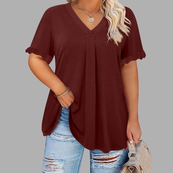 Ayolanni Wine Womens Plus Blouses V-Neck Flutter Short Sleeve Plus Size Solid T-Shirts Basics Womens Clothing 3x