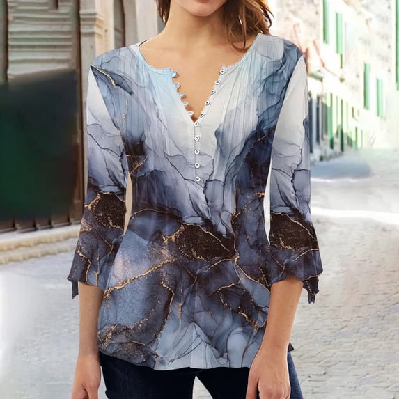 Ayolanni Women 3/4 Sleeve Graphic Tunic Tops Trendy 2023 Summer Casual v Neck Empire Waist t-Shirt Blouse
