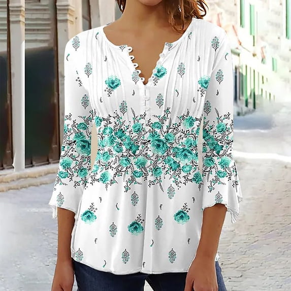 Ayolanni Women 3/4 Sleeve Graphic Tunic Tops Trendy 2023 Summer Casual v Neck Empire Waist t-Shirt Blouse