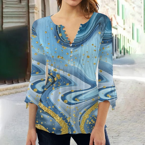 Ayolanni Women 3/4 Sleeve Graphic Tunic Tops Trendy 2023 Summer Casual v Neck Empire Waist t-Shirt Blouse