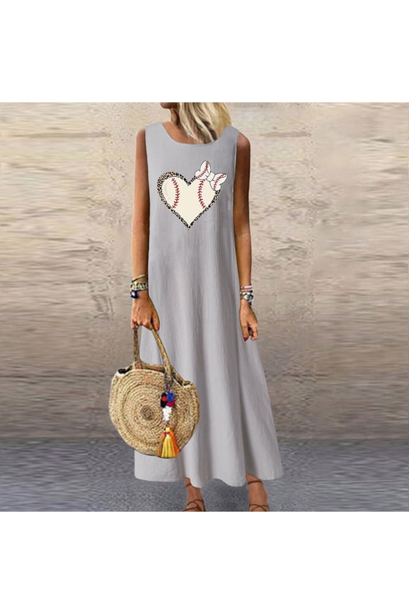 Women Dresses Plus Cotton Linen Ankle-Length Gray Sleeveless Baseball Dresses Dresses for Girls 3x