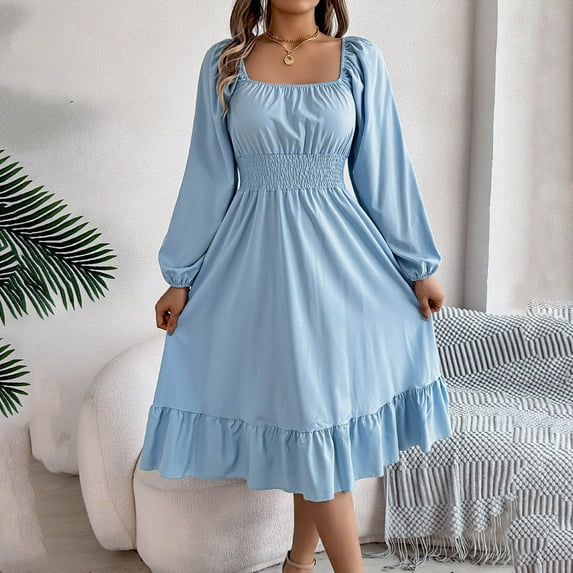 Ayolanni Women Dresses Plus Plus Size Blue Flutter Square Neck Long Sleeve Solid Maxi Dresses Dresses for Girls L