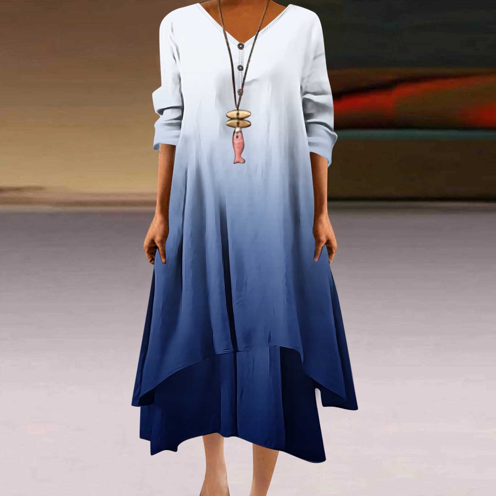 Ayolanni Women Dresses for Summer Party Blue V-Neck Ombre Long Sleeve Maxi Dresses House Dresses for Older Women 4X