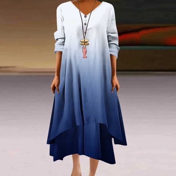 Ayolanni Women Dresses for Summer Party Blue V-Neck Ombre Long Sleeve Maxi Dresses House Dresses for Older Women 4x