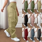 Ayolanni Women Pants Black Plus Size Straight Leg Cargo Pockets High Waist Drawstring Pants Womens Slacks XXL
