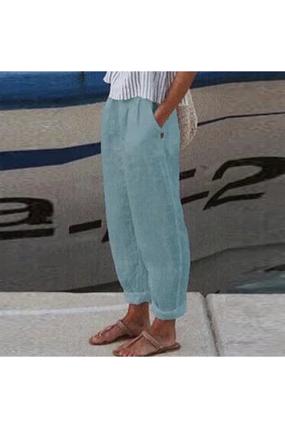 Women Pants Slim-Leg Light Blue Cotton Linen High Rise Solid Slacks Ladies Pants Petite M