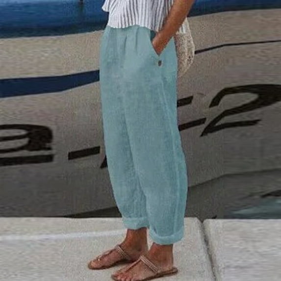 Ayolanni Women Pants Slim-Leg Light Blue Cotton Linen High Rise Solid Slacks Ladies Pants Petite M