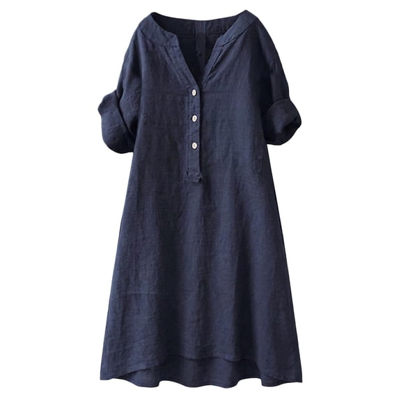 Ayolanni Women Summer Dresses V Neck Solid Short Sleeve Shirt Midi Dress Casual Button Cotton Linen Daily Dress with Pockets Blue L