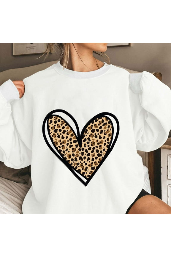 Women Sweatshirt White Long Sleeve Crew Neck Leopard Print Pullover Sweatshirts Teens Hoodies