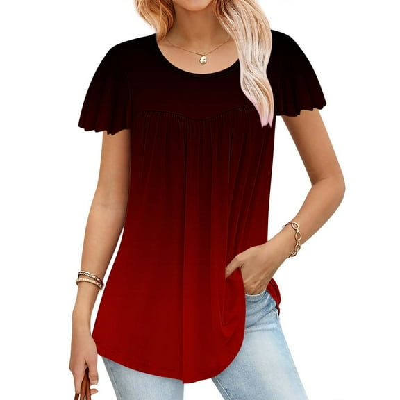 Ayolanni Women T Shirts Red Short Sleeve Oversized Ombre Crew Neck T-Shirts Ladies Shirts XL