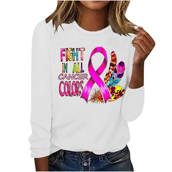 Ayolanni Women Tops Breast Cancer Awareness White Fall Long Sleeve Pullover Graphic Tees Womens T Shirts XXL