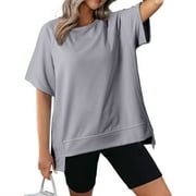 Ayolanni Women Tops Short Sleeve Crew Neck Gray T-Shirts Asymmetrical Hem Solid Tops Size L