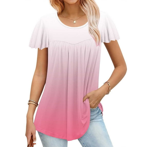 Ayolanni Women Tops Summer Pink Oversized Short Sleeve Ombre Crew Neck T-Shirts Ladies Shirts L