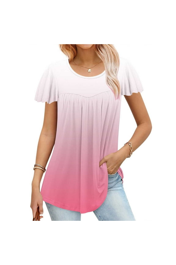 Women Tops Summer Pink Oversized Short Sleeve Ombre Crew Neck T-Shirts Ladies Shirts L