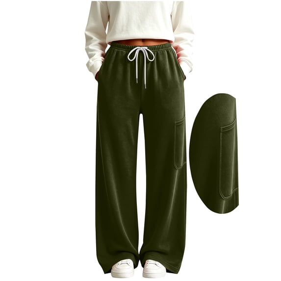 Ayolanni Women Wide Leg Sweatpants Baggy Army Green Low Rise Sweatpants Athletic Drawstring Long Pants with Pockets
