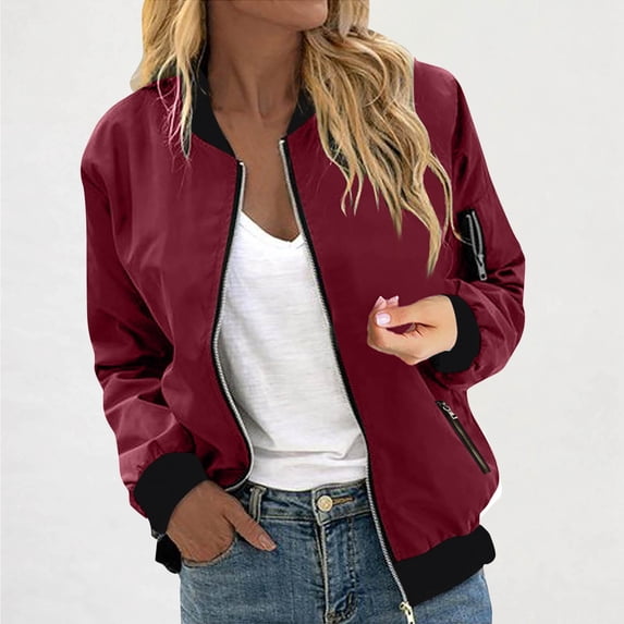 Ayolanni Women's Casual Jacket Zip Up Long Sleeve Varsity Coat Lightweight Fall Motorcycle Outerwear Wine XL