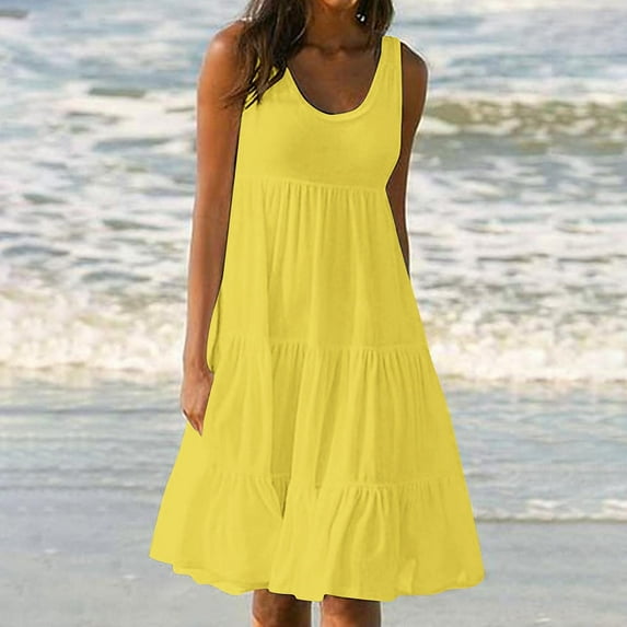 Ayolanni Women's Dresses Beach Yellow Sundress Solid Sleeveless Midi Dresses Girl Dresses 2x