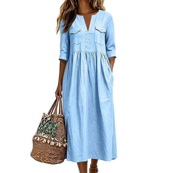 Ayolanni Women's Fall Dress 3/4 Sleeve Cotton V Neck A-Line Maxi Dresses Side Slit Solid Daily Flowy Long Dress with Pockets Blue M