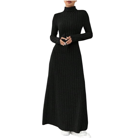 Ayolanni Women's Fall Dress Long Sleeve Mock Neck Casual A-Line Maxi Dresses Warm Solid Ribbed Knit Daily Long Dress Black L