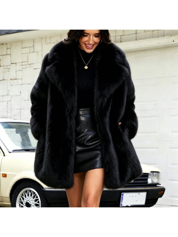 Women's Faux Fur Coat Open Front Long Sleeve Lapel Jackets Fuzzy Winter Warm Outerwear with Pockets Black XL