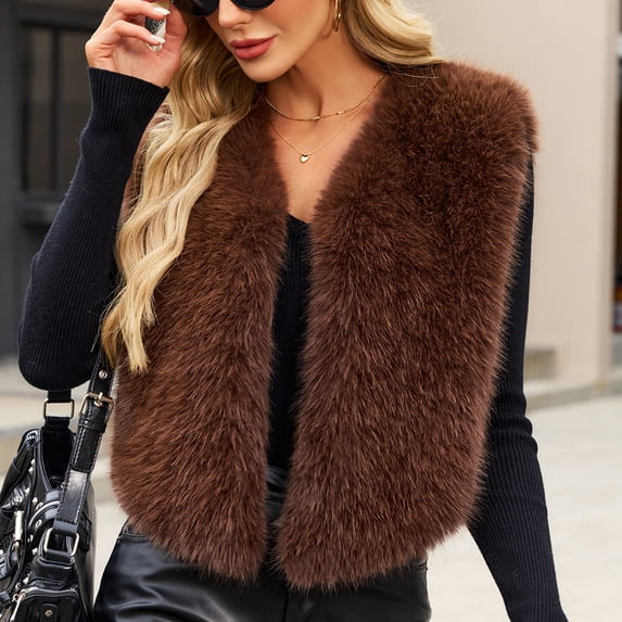 Ayolanni Women's Faux Fur Vest Open Front Sleeveless Solid Jackets Winter Warm Cropped Outerwear with Pockets Coffee S