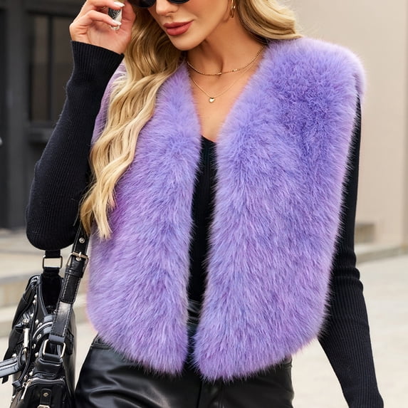 Ayolanni Women's Faux Fur Vest Solid Sleeveless Open Front Jackets Cropped Warm Winter Outerwear with Pockets Purple XXXL