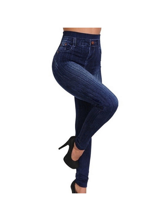 Women's High Waist Jeggings Tummy Control Stretch Skinny Long Butt Lifting Pull On Jeans Dark Blue XXXL