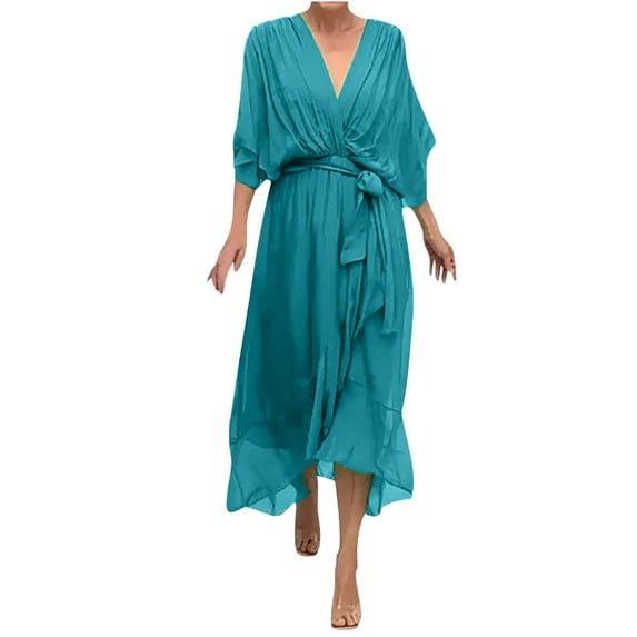 Ayolanni Women's Holiday Party Dresses V-Neck Blue Short Sleeve Solid Maxi Dresses Work Party Dresses for Women XL