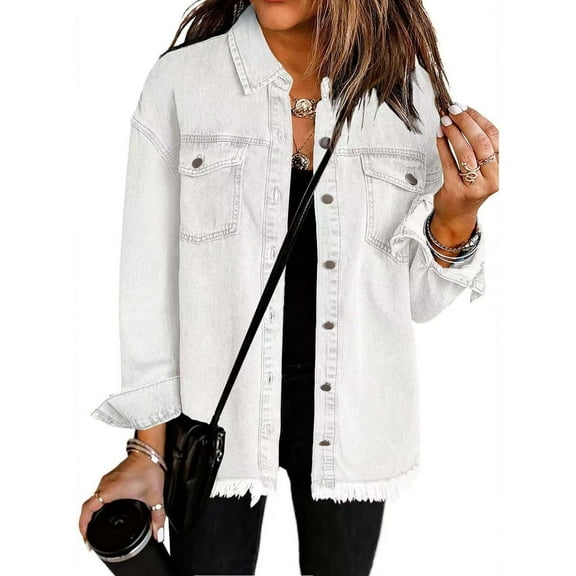 Ayolanni Women's Jackets Under $10 White Denim Solid Long Sleeve Jackets Jacket for Teens L