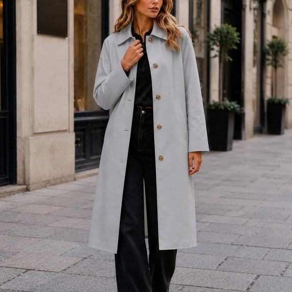 Ayolanni Women's Long Trench Coat Single Breasted Casual Lapel Jackets Fall Lightweight Long Sleeve Outerwear with Pockets Gray L