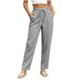 thumbnail image 1 of Ayolanni Women's Pants Comfy Solid Cotton Linen Straight Leg Pants Flowy Gray Drawstring Elastic Waist Petite Trousers with Pockets L, 1 of 5