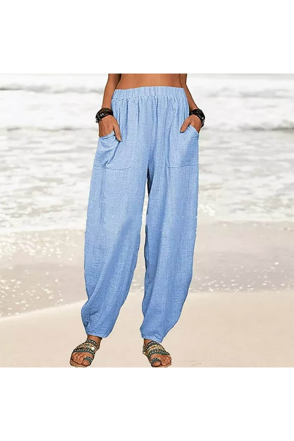 Women's Pants in Store Cuffed Sky Blue Cotton Elastic Band Solid Trousers Pants for Women Jeans Plus Size S