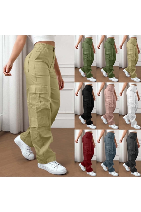 Women's Pants on Straight-Leg Cargo Khaki Elastic Solid Pants Pants for Women Jeans L
