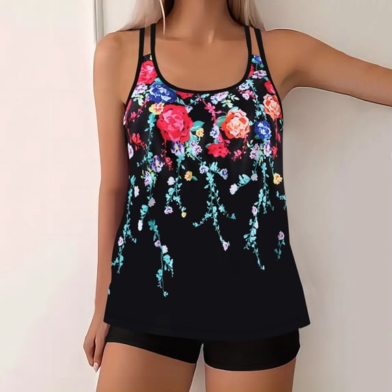 Ayolanni Women's Tankini Swimsuits Floral Modest Two Piece Plus Size Swimwear Padded Bathing Suit Swim Top with Shorts L