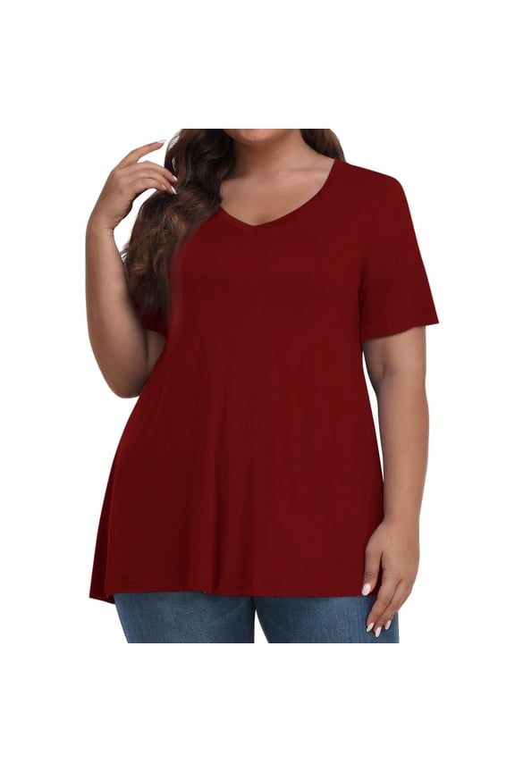 Womens Basic Tops Red Short Sleeve Plus Size V-Neck Solid T-Shirts Teens Shirts for Girls 5x