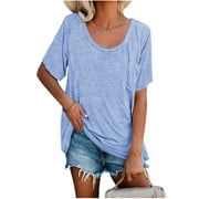 Ayolanni Womens Blouses Crew Neck Blue Short Sleeve T-Shirts Solid Blouse Tops Size L