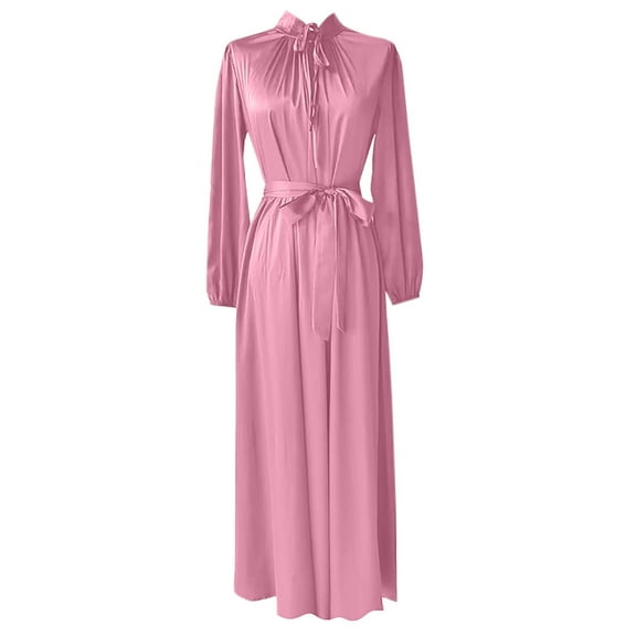 Ayolanni Womens Casual Dresses Elegant Pink Satin Long Sleeve Solid Tie Neck Casual Dresses Junior Dresses