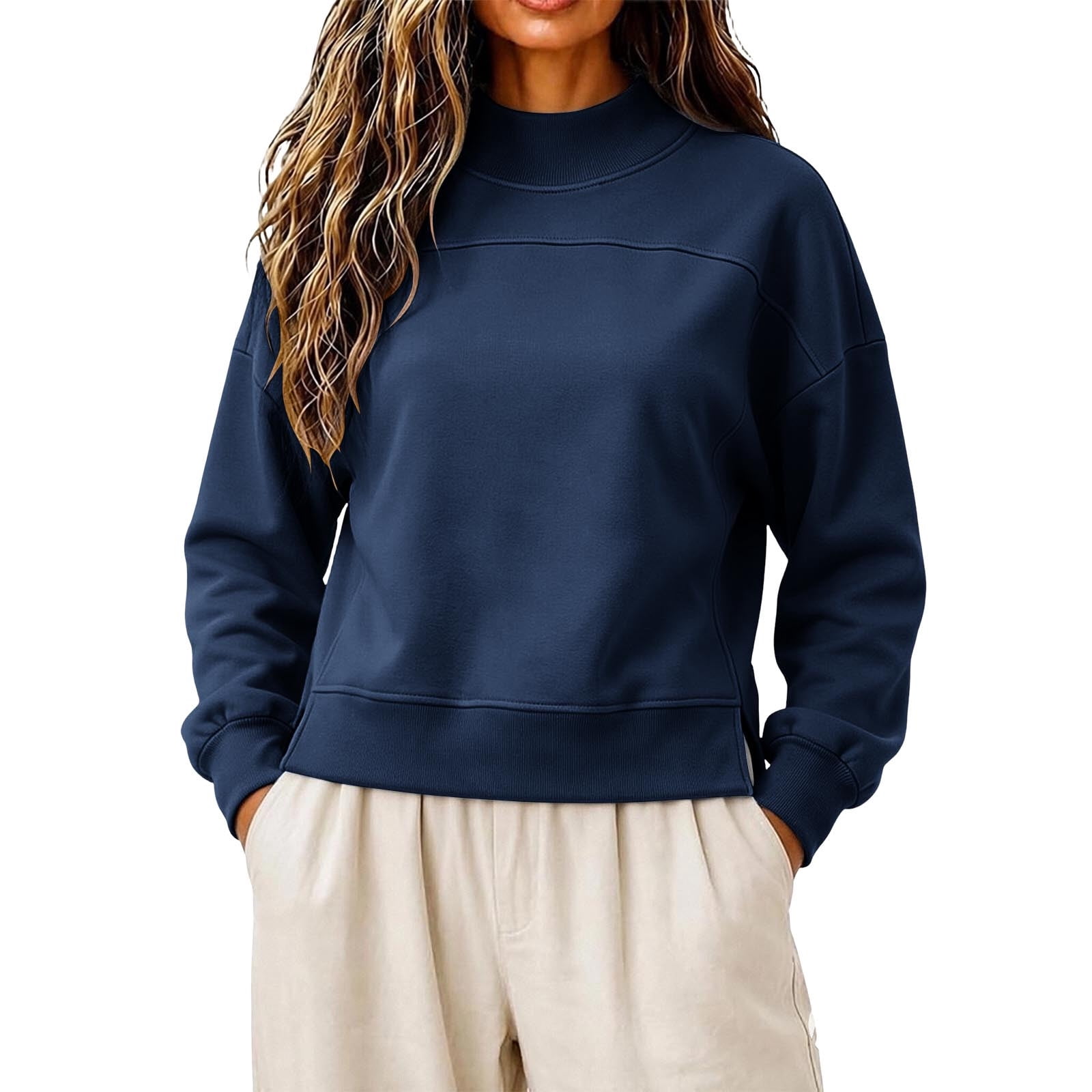 Ayolanni Womens Cropped Sweatshirts Long Sleeve Mock Neck Solid