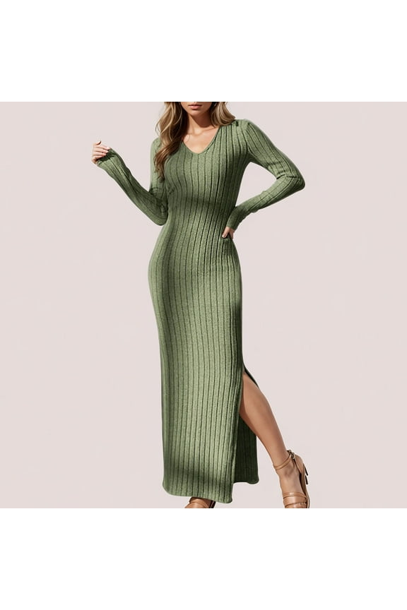 Womens Dresses Holiday Bodycon V-Neck Full-Length Green Long Sleeve Solid Knit Dresses Girls Holiday Dresses M