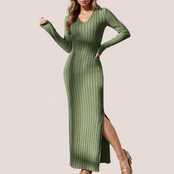 Ayolanni Womens Dresses Holiday V-Neck Full-Length Green Bodycon Solid Long Sleeve Knit Dresses Ladies Dresses L