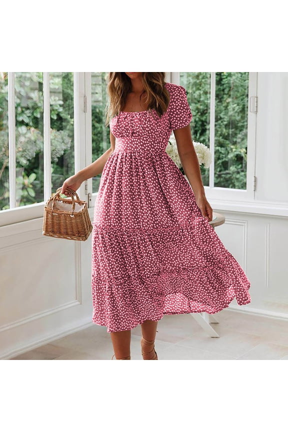 Womens Dresses Plus Size Spring Ankle-Length Pink Graphic Square Neck Short Sleeve Dresses Teen Dresses L