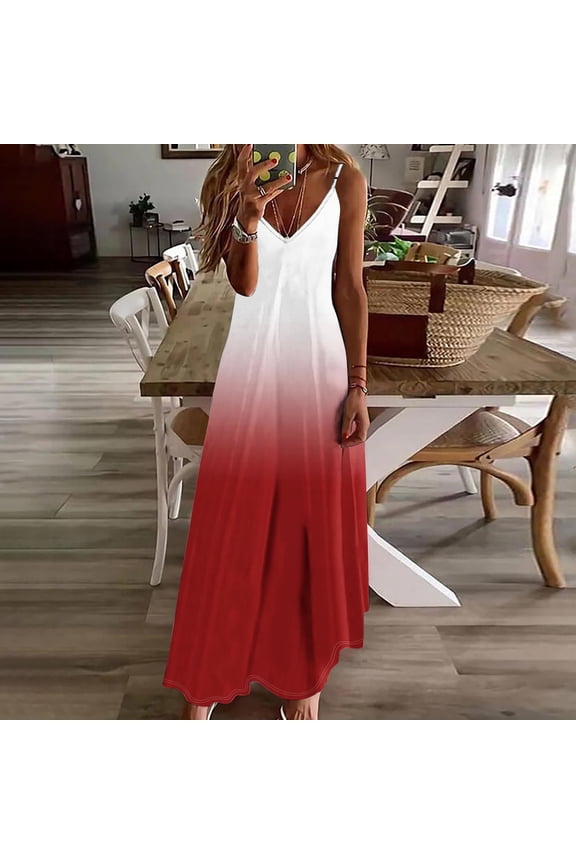 Womens Dresses Plus Size Spring V-Neck Red Ombre Sleeveless Maxi Dresses Dinner Dresses for Women 2025 M