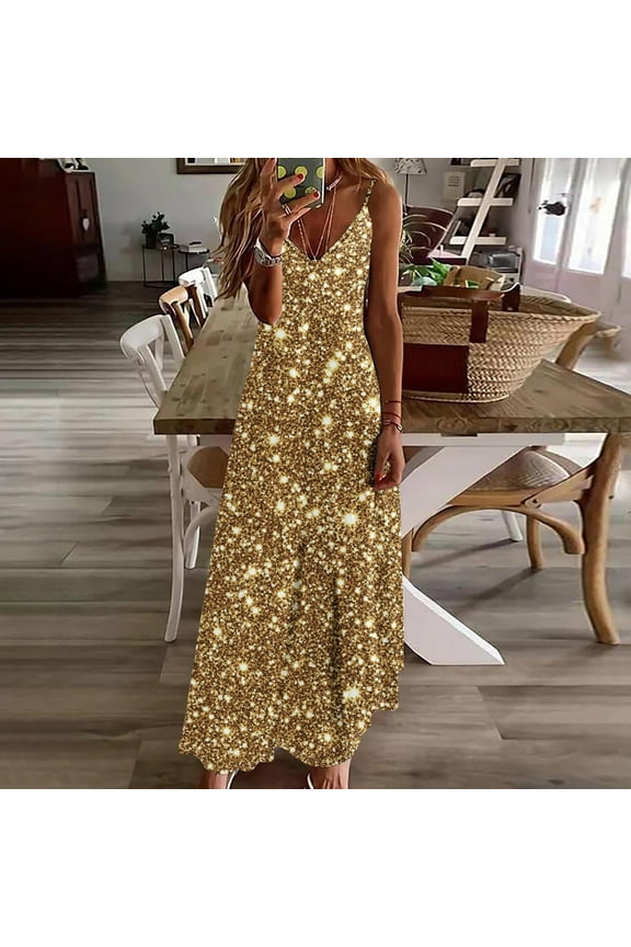Womens Dresses Plus Size V-Neck Gold Vacation Sleeveless Shiny Maxi Dresses Dresses for Young Adult Girls L