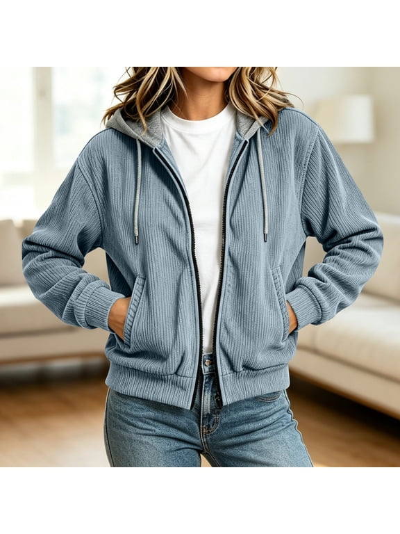 Womens Fall Jacket Hooded Corduroy Full Zip Coat Casual Drawstring Light Blue Oversized Hoodie