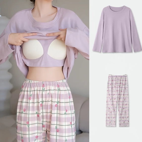 Ayolanni Womens Pajamas Sets 2 Piece Cute Long Sleeve Tops and Long Pants Pjs Loose Solid Print Soft Loungewear with Built in Bra Sleepwear Sets L
