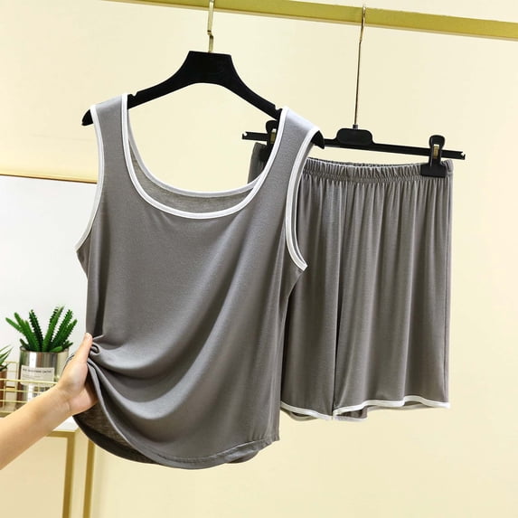 Ayolanni Womens Pajamas Sets Cotton 2 Piece Sleeveless Tank Tops and Shorts Pjs Soft Elastic Waist Solid Loungewear Sleepwear Sets M