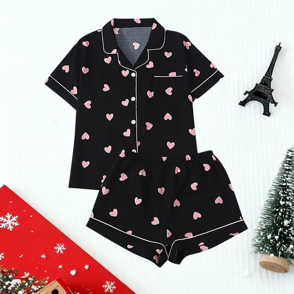 Ayolanni Womens Pajamas Sets Cute 2 Piece Short Sleeve Tops and Shorts Pjs Daily Graphic Button Up Loungewear with Pockets Sleepwear Sets L